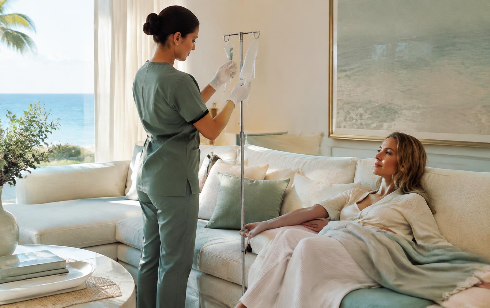 Nurse administering mobile IV therapy at a Palm Beach home